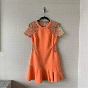 NWT-ADELYN Rae Orange Dreamsicle Mesh Insert Asymmetrical Hem Mini Dress